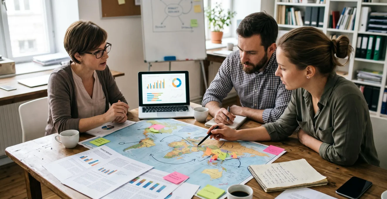 Un consultant et deux dirigeants d'entreprise analysent des documents d'étude de marché et une carte annotée autour d'une table de réunion.