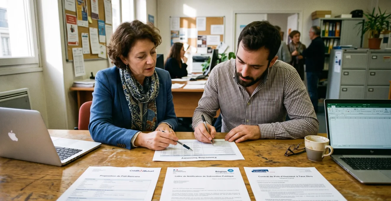 Un conseiller et un dirigeant d'entreprise assemblent ensemble un plan de financement à partir de plusieurs documents sur une table de bureau.