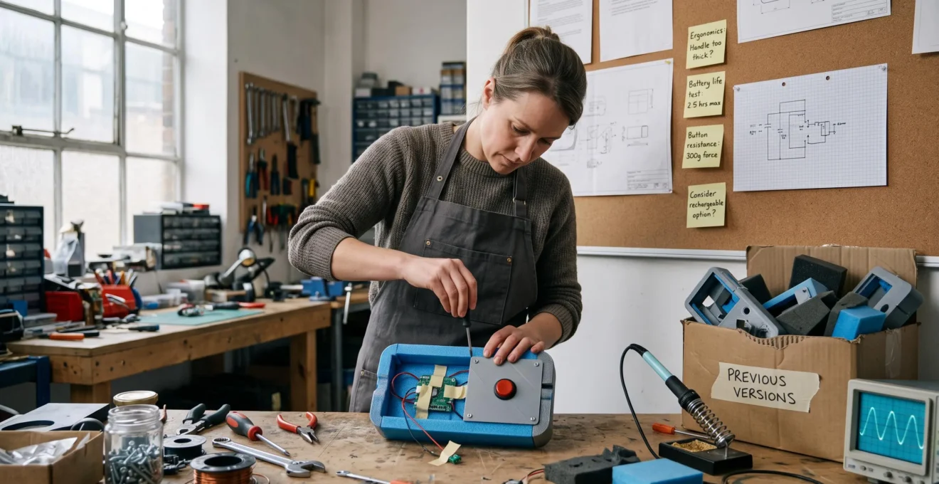 Un concepteur ajuste dans un atelier un prototype volontairement sommaire composé de pièces imprimées et de câblage visible, entouré de versions antérieures écartées.