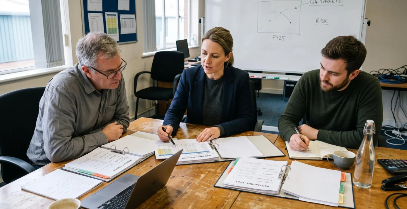 Un comité de trois personnes examine des dossiers de projets de R&D étalés sur une table de réunion avant de statuer sur leur financement.