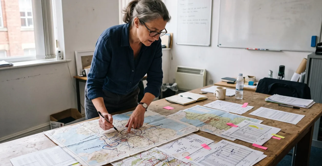 Une consultante compare des cartes régionales et des tableaux de données commerciales posés sur une grande table de travail.