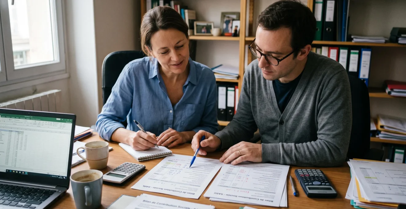 Un dirigeant et un comptable comparent des relevés de cotisations sociales de deux régimes différents au bureau.