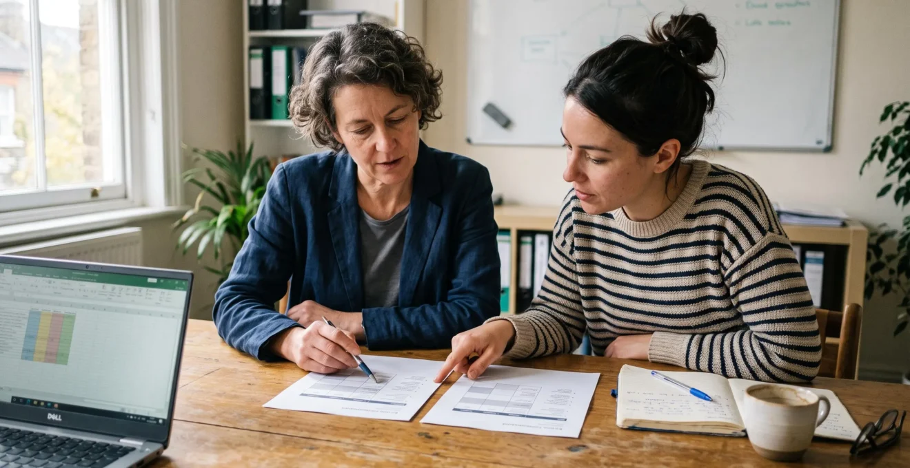 Un consultant et un entrepreneur comparent des documents sur les statuts juridiques à une table de réunion.