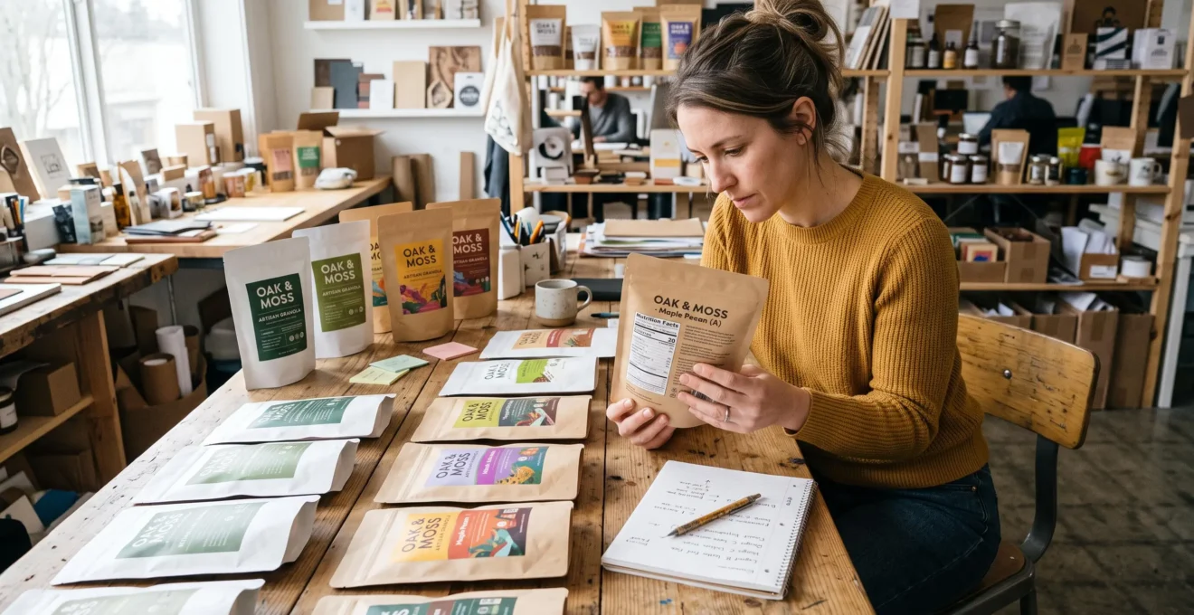Une consultante compare plusieurs versions d'un même emballage de produit disposées sur une table de travail.