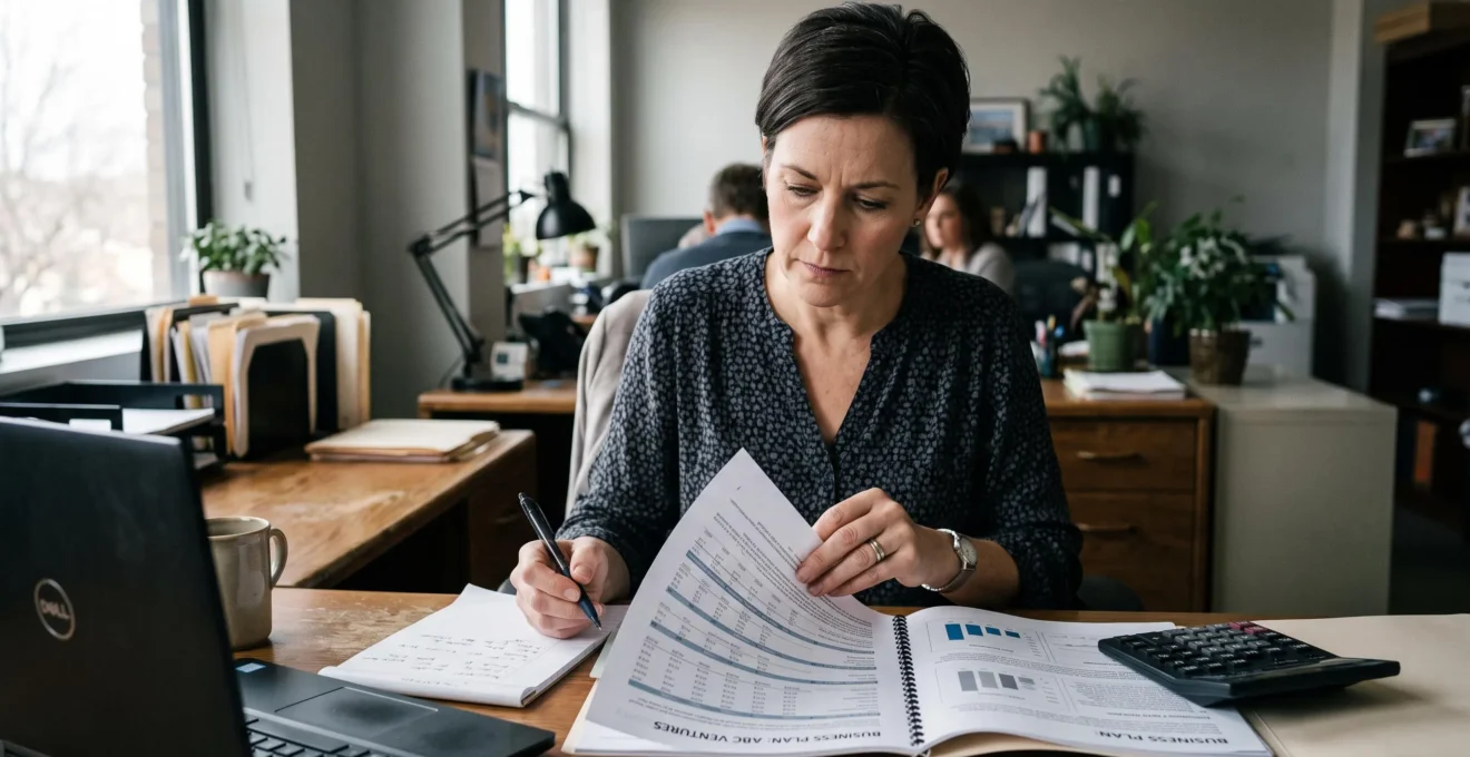Une conseillère financière examine et annote les pages d'un dossier de business plan posé sur son bureau de travail.