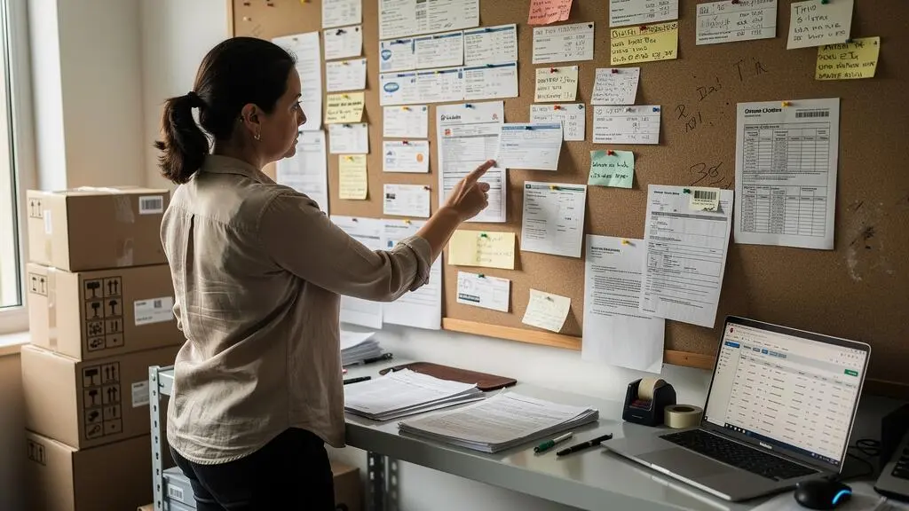 Une coordinatrice export examine un planning d'expéditions affiché au mur dans un bureau d'expédition entouré de cartons d'exportation.