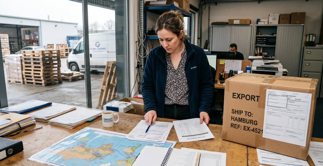 Une coordinatrice export compare des documents d'expédition et une liste de contrôle sur une table de travail, avec des palettes visibles derrière une vitre.