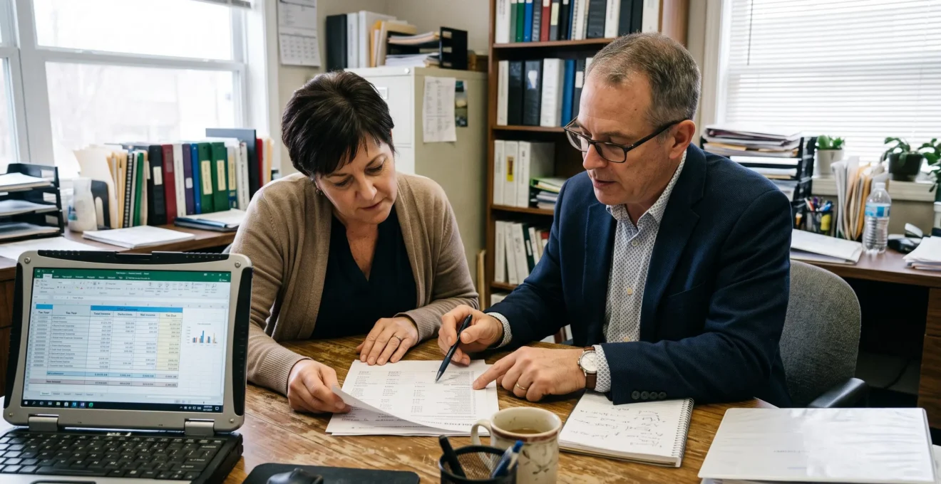 Un dirigeant d'entreprise et un consultant examinent ensemble un document fiscal et un tableau de calcul sur un ordinateur portable dans un bureau.