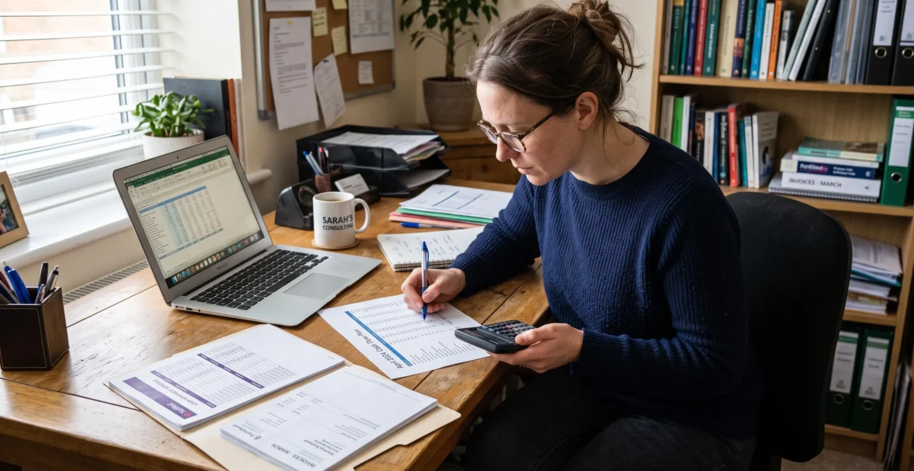 Un dirigeant d'entreprise compare un plan de trésorerie mensuel imprimé avec les données affichées sur son ordinateur, calculatrice et échéancier de prêt posés sur le bureau.