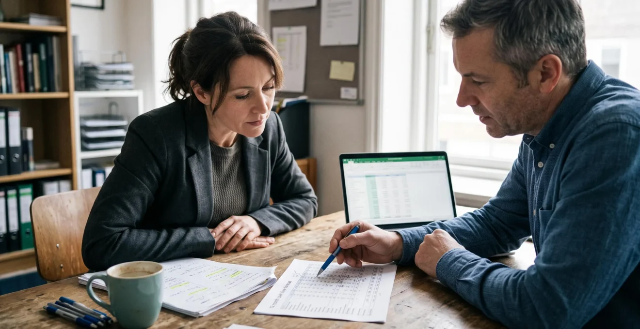 Une dirigeante d'entreprise et un conseiller examinent ensemble un plan de trésorerie imprimé posé sur une table de bureau.