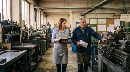 Une dirigeante observe une station de production dans un atelier pendant que le chef d'équipe lui explique un savoir-faire interne.