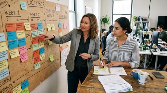 Une dirigeante et une collaboratrice organisent des tâches sur un tableau de planification mural dans un bureau d'entreprise.