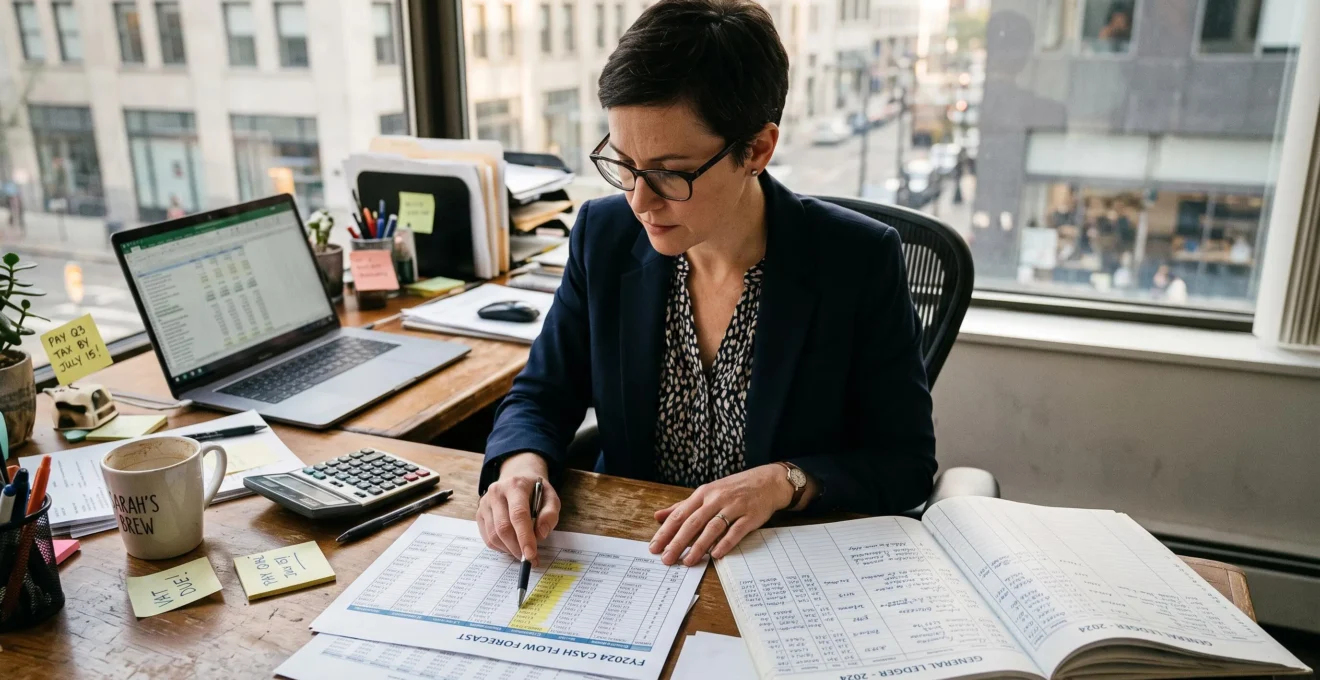 Une dirigeante assise à son bureau compare un calendrier de prévision de trésorerie imprimé avec un livre de comptes ouvert, un stylo pointant une échéance.