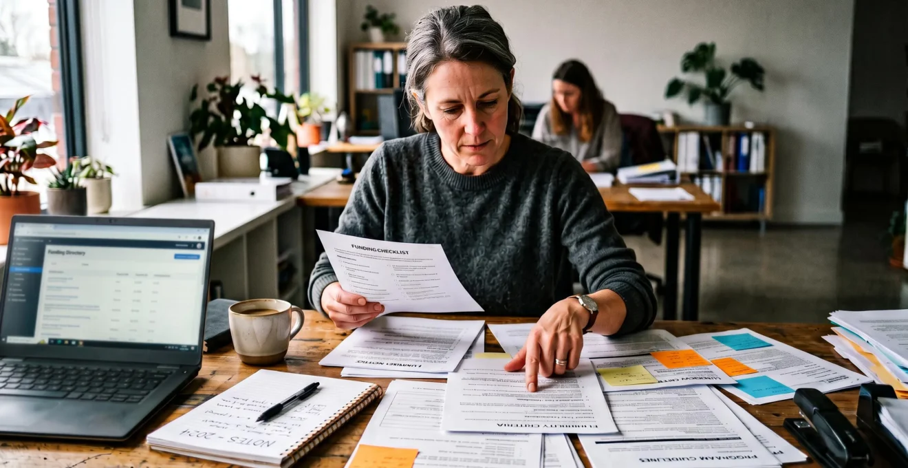 Une dirigeante d'entreprise trie des dossiers et des documents administratifs sur son bureau pour identifier les aides financières adaptées à son projet.