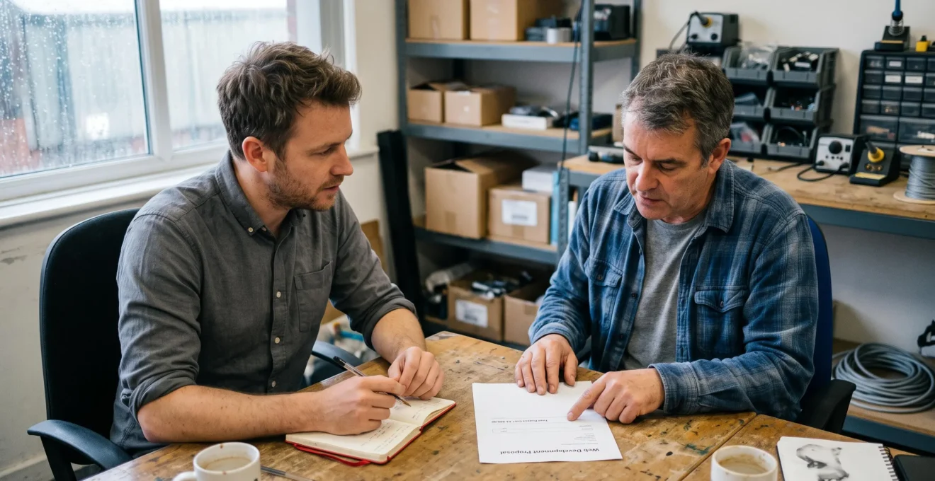 Un entrepreneur présente une offre imprimée à un prospect qui examine le prix assis à une table de travail.