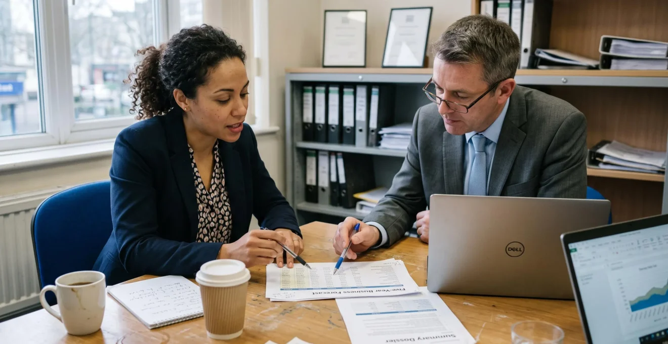 Un entrepreneur explique son plan de financement à un conseiller bancaire assis en face de lui au bureau, les deux penchés sur les mêmes documents.