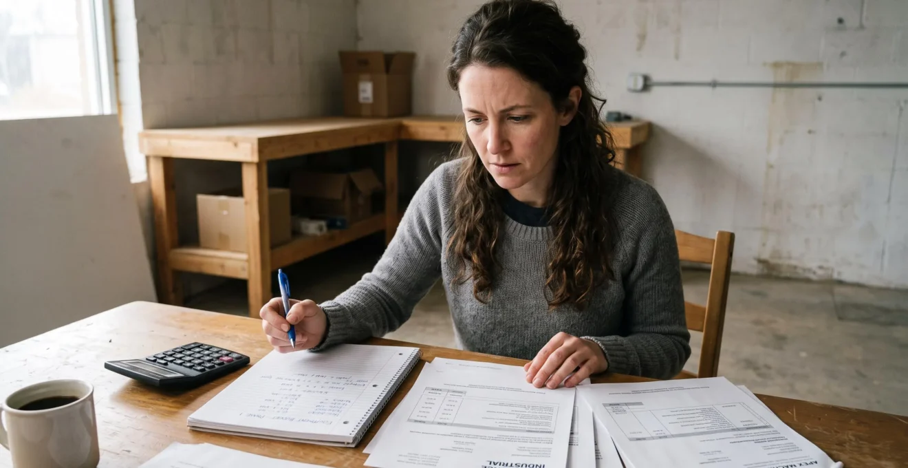 Une entrepreneure compare des devis d'équipement posés sur une table dans son atelier en cours d'installation, un carnet de budget et une calculatrice à côté d'elle.