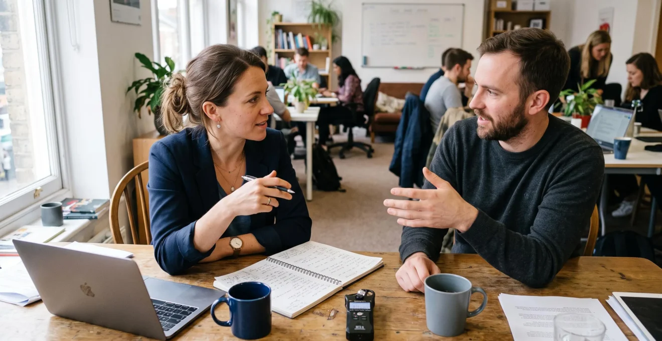Une entrepreneuse mène un entretien de découverte client avec un prospect autour d'une table de coworking.