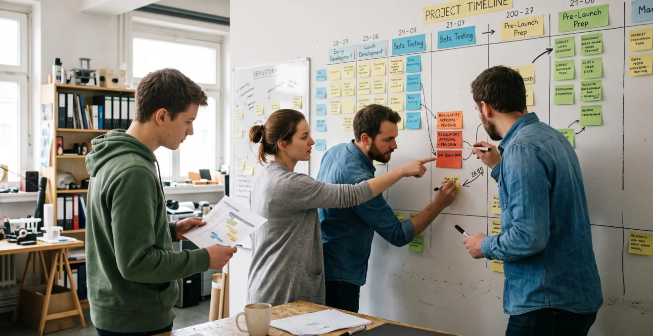 Une équipe de trois personnes examine un mur de planification couvert de notes et de jalons représentant les étapes entre le développement et le lancement d'une offre.