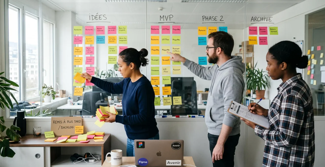 Une équipe produit retire des notes adhésives d'un mur de priorités pour réduire le périmètre d'un produit avant son lancement.