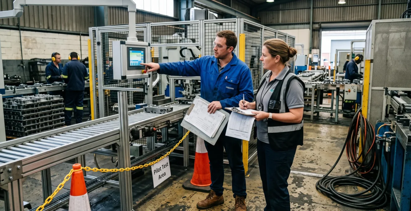 Un ingénieur et un responsable de production examinent une machine en phase de test pilote sur une ligne de fabrication.