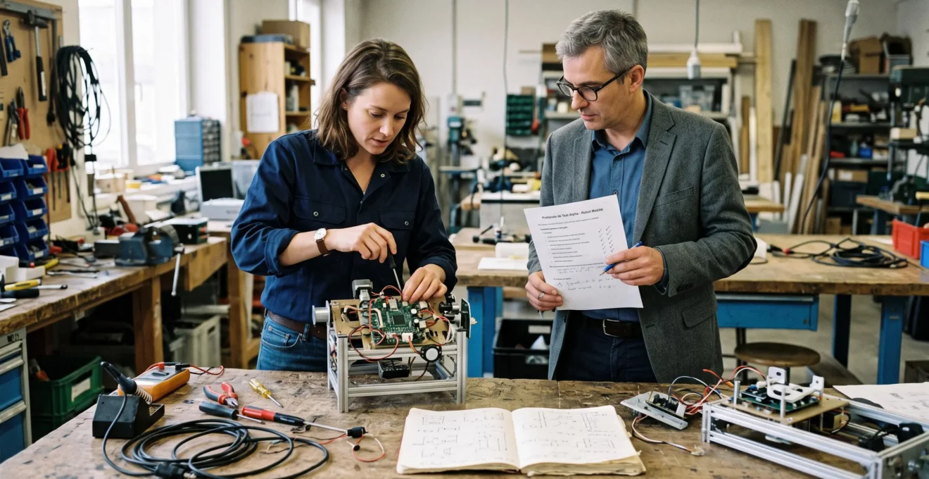 Une ingénieure ajuste un prototype électronique sur un banc de test pendant qu'une consultante observe avec un protocole de test en main.