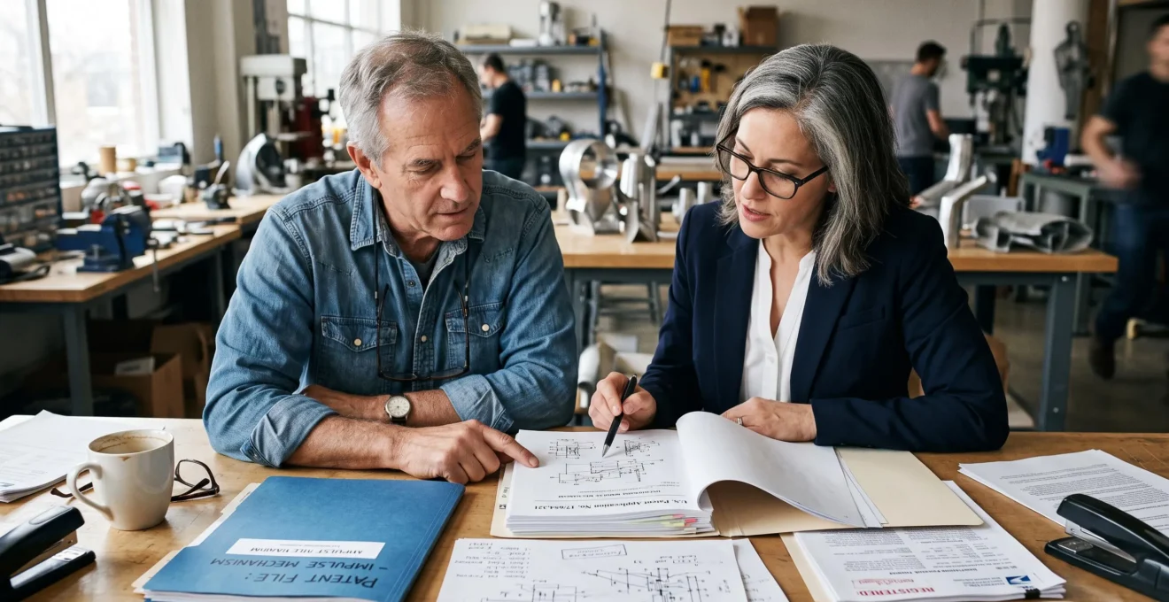 Un inventeur et un conseil en propriété industrielle examinent ensemble un dossier de demande de brevet posé sur une table de travail.