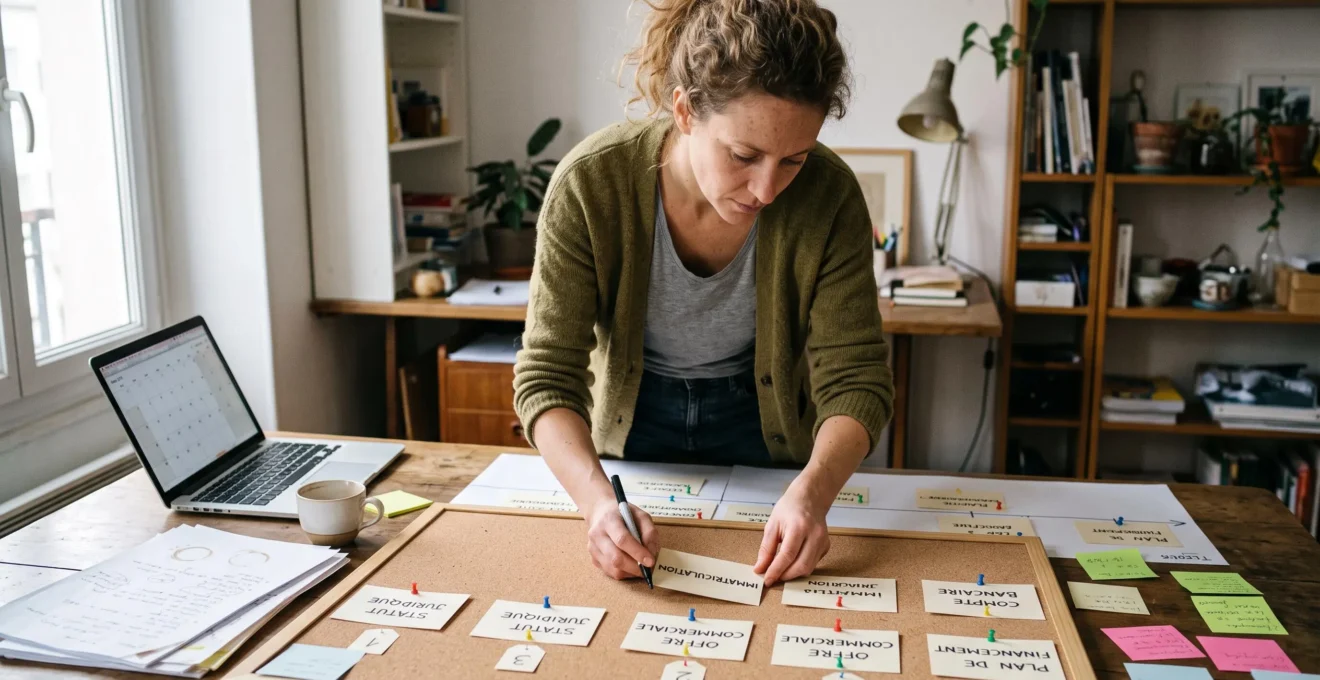Une entrepreneure réorganise des fiches de démarches sur un tableau de planification pour ordonner les décisions de création d'entreprise