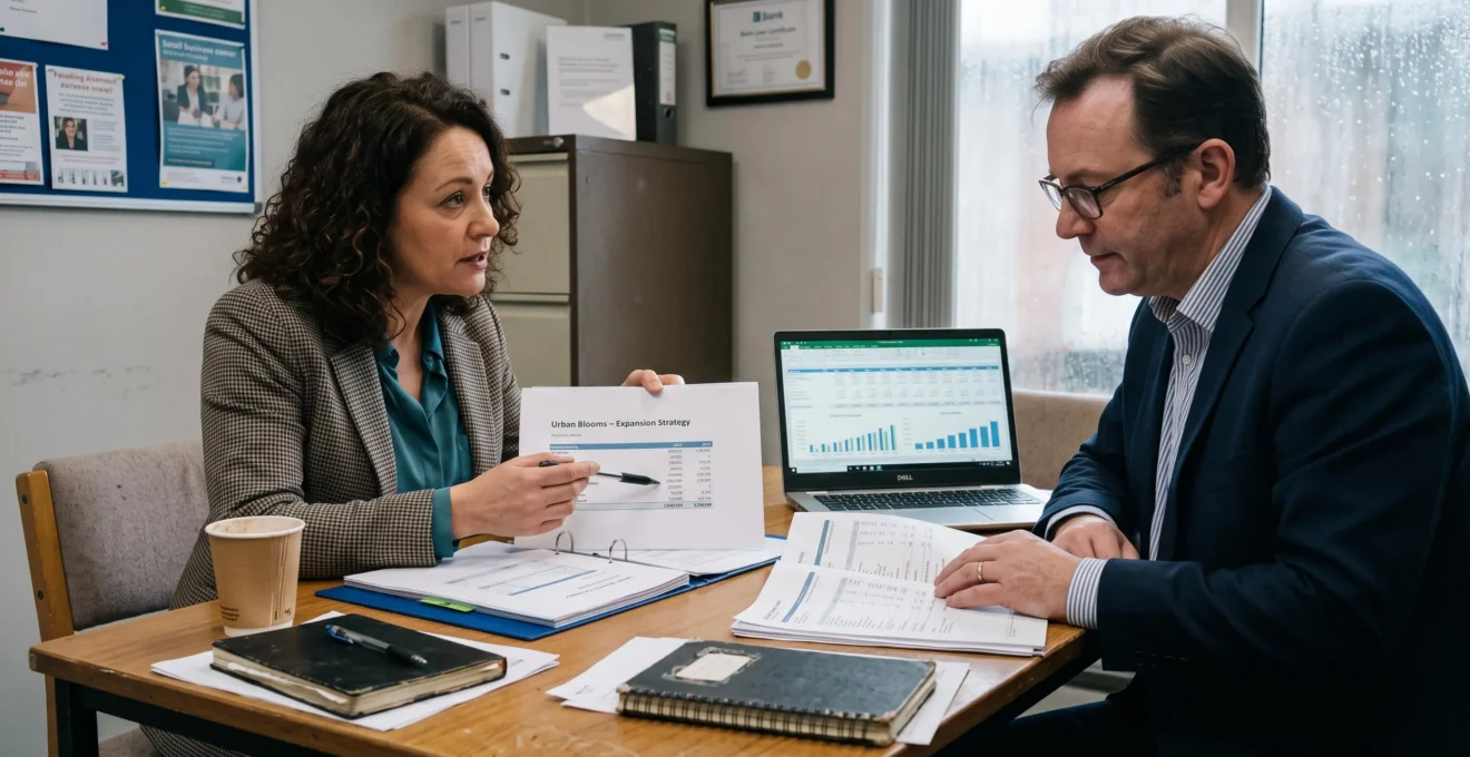 Une dirigeante d'entreprise explique son projet de financement à un conseiller bancaire à partir d'un dossier de documents financiers posés sur la table.
