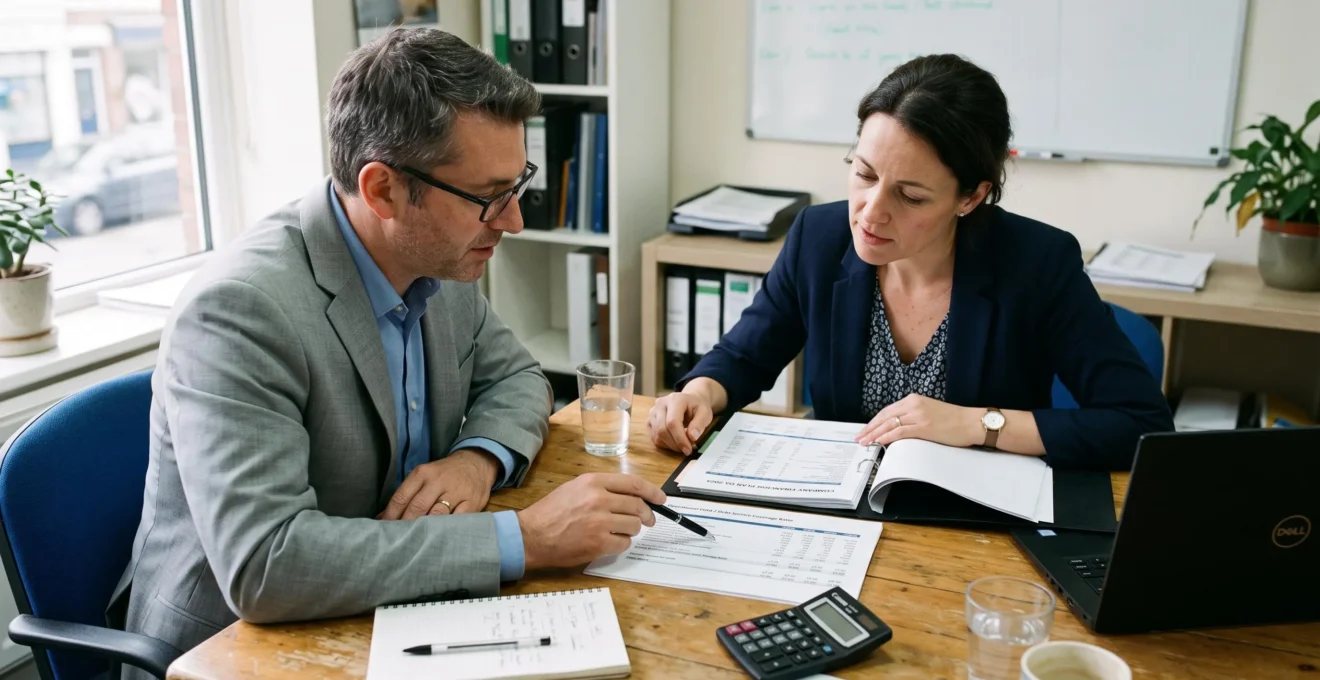 Un dirigeant d'entreprise et un conseiller bancaire examinent ensemble des documents financiers posés sur une table de réunion.