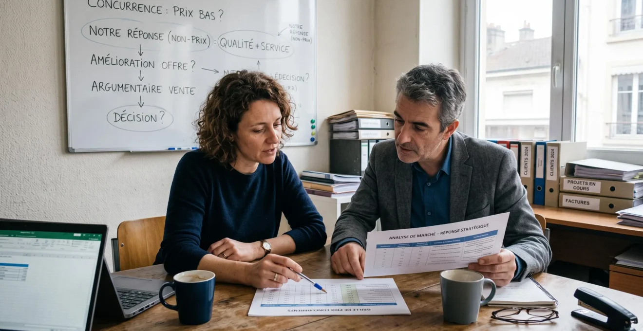 Un dirigeant de petite entreprise et une consultante comparent une grille tarifaire et des documents commerciaux lors d'une réunion de travail.