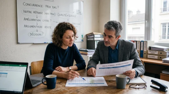Un dirigeant de petite entreprise et une consultante comparent une grille tarifaire et des documents commerciaux lors d'une réunion de travail.