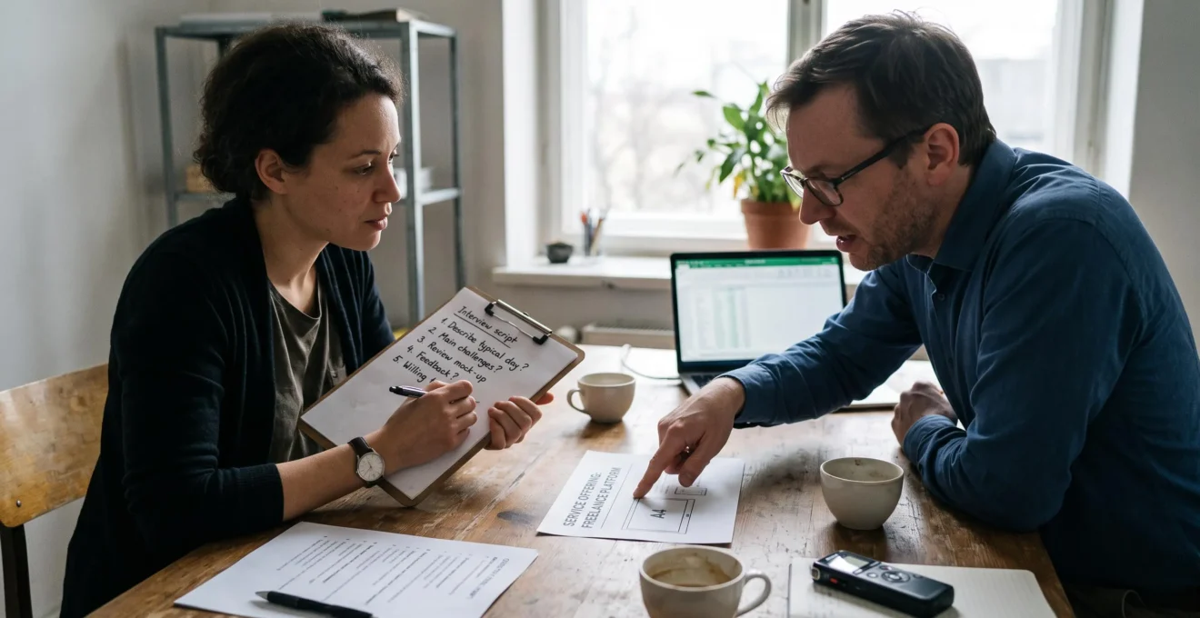 Une entrepreneure teste une maquette d'offre imprimée auprès d'un prospect lors d'un entretien, en notant ses réactions sur un protocole écrit.