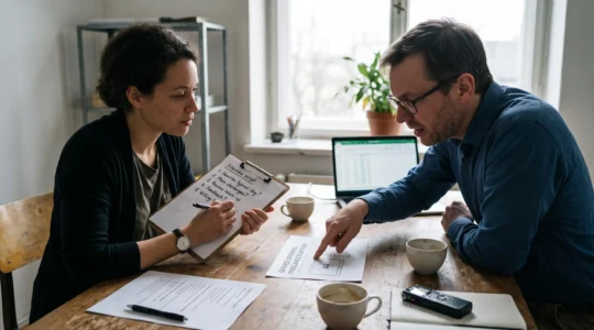 Une entrepreneure teste une maquette d'offre imprimée auprès d'un prospect lors d'un entretien, en notant ses réactions sur un protocole écrit.
