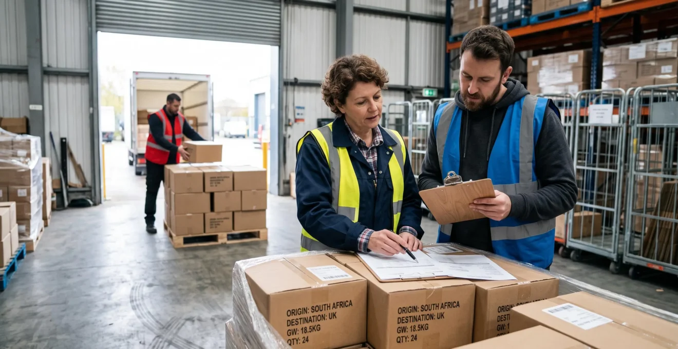 Un déclarant en douane et un exportateur vérifient ensemble une facture et une liste de colisage à côté d'une palette prête à partir dans un entrepôt logistique.