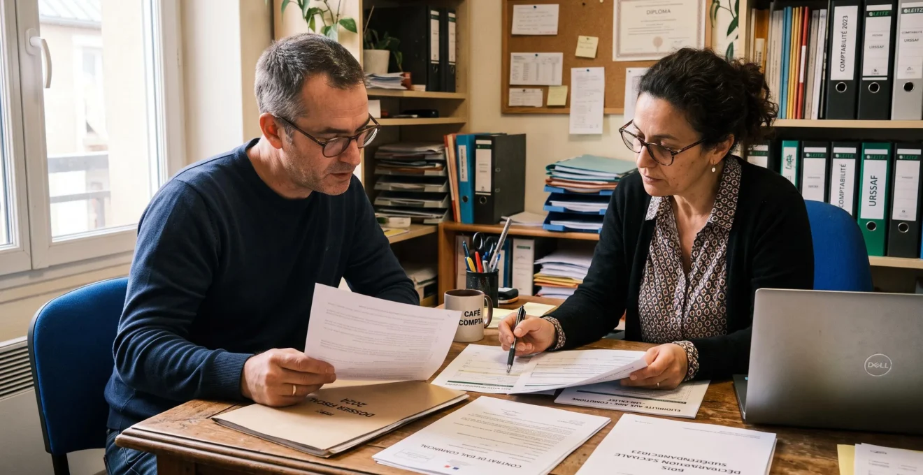 Un dirigeant d'entreprise vérifie avec un conseiller fiscal les documents justifiant son dossier d'exonération sur un bureau